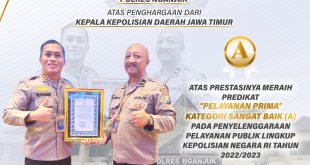 Polres Nganjuk Terima Penghargaan Pelayanan Publik Lingkup Polri Tahun 2023 Tingkat Polda Jatim